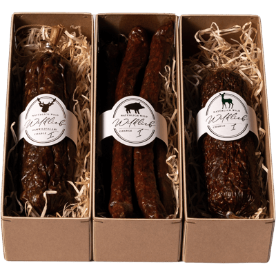 Die Wilden Drei Probierpaket (1x Damwild Salami + 1x Fenchel Reh Salami + 1x Wildschwein Knacker)