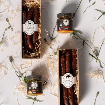 Wildlieb Set "Knackig" (1x Wildschweinknacker + 1x Chili Reh Knacker + 1x Feigensenf + 1x Milder Chili Senf)