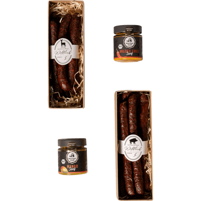 Wildlieb Set "Knackig" (1x Wildschweinknacker + 1x Chili Reh Knacker + 1x Feigensenf + 1x Milder Chili Senf)
