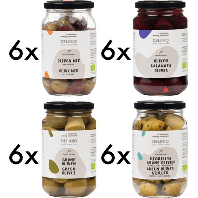 XXXXL Bio Oliven Paket - (6x Grüne Oliven + 6x Kalamata Oliven + 6x Oliven Mix + 6x Gegrillte grüne Oliven)