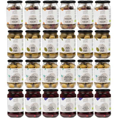 XXXXL Bio Oliven Paket - (6x Grüne Oliven + 6x Kalamata Oliven + 6x Oliven Mix + 6x Gegrillte grüne Oliven)