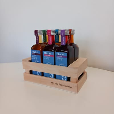 ezzich 6er Kistla - Vinegar tasting package (1x chokeberry vinegar + 1x raspberry vinegar + 1x fig vinegar + 1x wild garlic vinegar + 1x spice vinegar + 1x tomato vinegar)