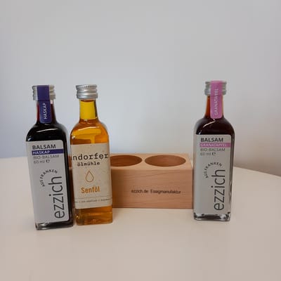 ezzich Geschenkset - Bio Essig Set (1x Granatapfel Balsam + 1x Haskap Balsam + 1x Senföl)