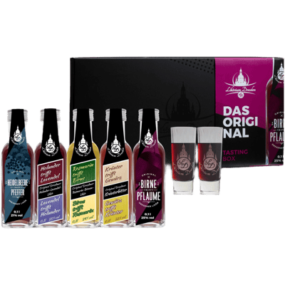 Liqueur TASTINGBOX (5x original Dresden liqueurs + 2x glasses)