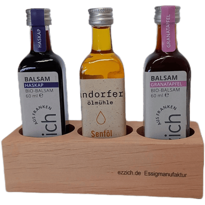 ezzich Geschenkset - Bio Essig Set (1x Granatapfel Balsam + 1x Haskap Balsam + 1x Senföl)