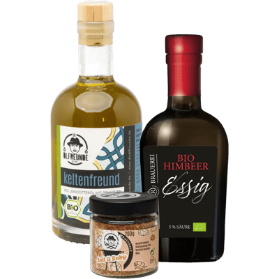 Bio Salat Trio (1x Leindotteröl mit Gewürzen + 1x Himbeeressig + 1x Rauchsalz)