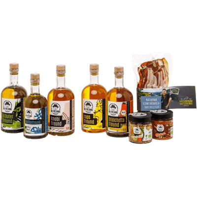 Feinschmecker Set (4x Rapsöl + 1x Leindotteröl + 2x Gewürzmischung + 1x Räucherfleisch)