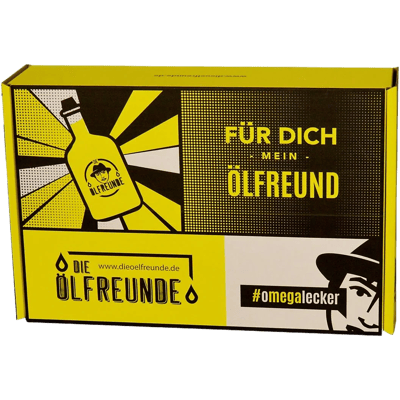 Geschenkbox Für dich mein Ölfreund (1x Knoblauchöl + 1x Kräuteröl + 1x Leindotteröl + 2x Salzmischung)