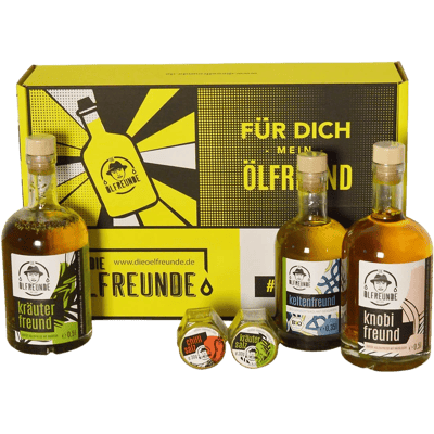Geschenkbox Für dich mein Ölfreund (1x Knoblauchöl + 1x Kräuteröl + 1x Leindotteröl + 2x Salzmischung)