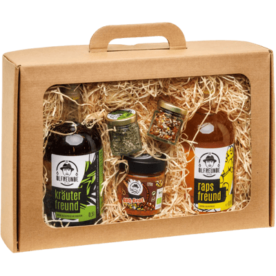 Geschenkekoffer Öl-rounder (2x Rapsöl + 2x Salzmischung + 1x Gewürzmischung)