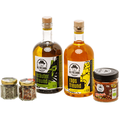 Geschenkekoffer Öl-rounder (2x Rapsöl + 2x Salzmischung + 1x Gewürzmischung)