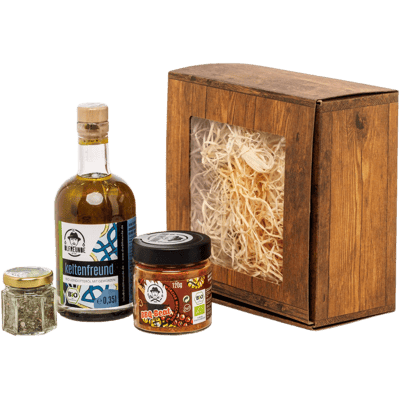 Geschenketruhe Heimatliebe (1x Keltenöl + 1x Kräutersalz + 1x BBQ Gewürzmischung)