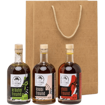 Geschenketüte Triple (1x Knoblauchöl + 1x Kräuteröl + 1x Chiliöl)