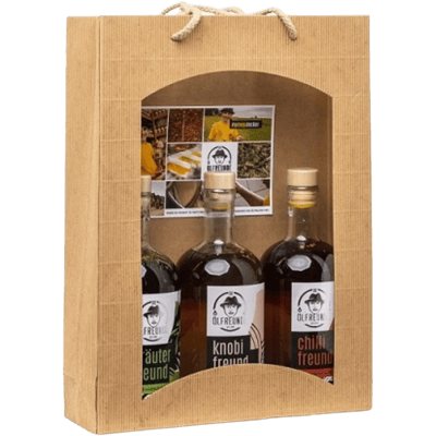 Geschenketüte Triple (1x Knoblauchöl + 1x Kräuteröl + 1x Chiliöl)
