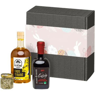 Osterbox Frühlingsfreude (1x Rapsöl + 1x Fruchtessig + 1x Kräutersalz)