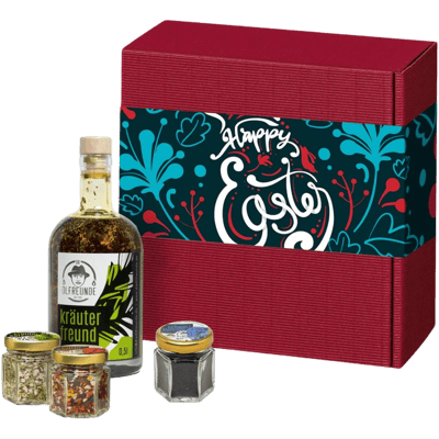 Osterbox Mitbringsel vom Osterhasen (1x Kräuteröl + 1x Kräutersalz + 1x Chilisalz + 1x Schwarzkümmelsamen)