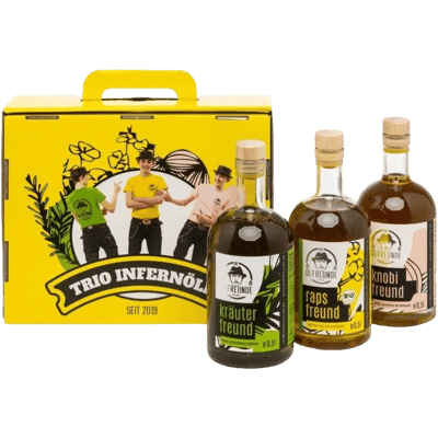 Trio Infernöle (1x Knoblauchöl + 1x Kräuteröl + 1x Rapsöl)