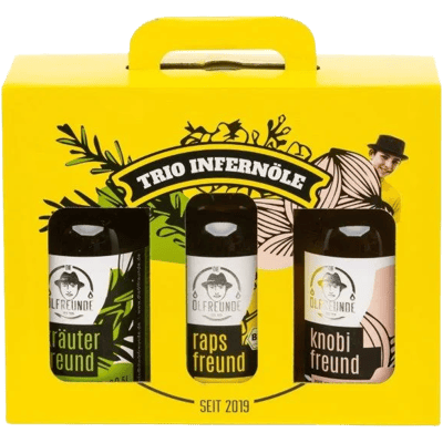 Trio Infernöle (1x Knoblauchöl + 1x Kräuteröl + 1x Rapsöl)
