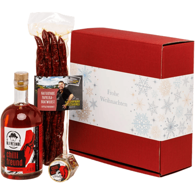 Weihnachtsbox feurige Weihnacht (1x Chiliöl + 1x Chilisalz + 1x Paprika-Bratwurst)