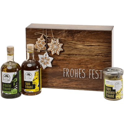 Weihnachtsbox Frohes Fest (1x Rapsöl + 1x Kräuteröl + 1x Rapsprotein Pulver)