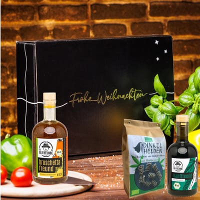 Weihnachtsbox Let it Snow (1x Bio Bruschetta Öl + 1x Bio Hanföl + 1x Bio Hanf-Dinkelnudeln)