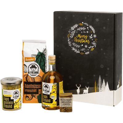 Christmas box Sweet Christmas (1x organic camelina oil + 1x rapeseed protein powder + 1x yeast plait baking mix + 1x fir honey + 1x gingerbread spice)