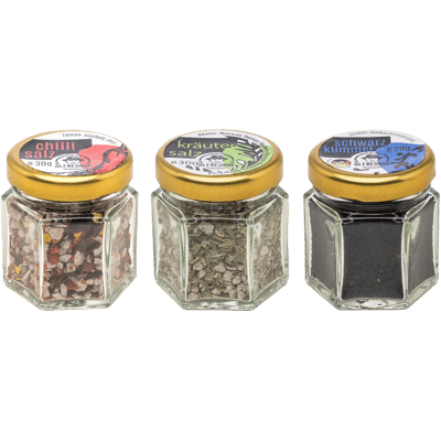 Würz Set (1x Kräutersalz + 1x Chilisalz + 1x Schwarzkümmelsamen)