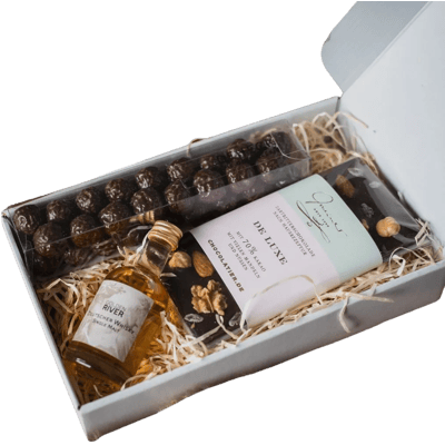 Whisky Geschenkset klein (1x Whisky + 1x Schokokugeln mit Whisky + 1x Zartbitter Schokolade)