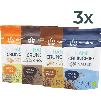 Bio Hanf Crunchies Paket (3x Vanilla Cinnamon + 3x Chocolate + 3x White Orange + 3x Salted)