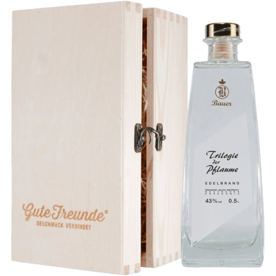 Bauer Trilogie der Pflaume Edelbrand mit Geschenk-Holzkiste