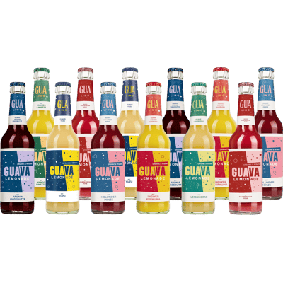 GUA LIMO 12er Mixed Box (2x Yuzu + 2x Sour Cherry & Rose + 2x Elderberry & Mint + 2x Ginger & Turmeric + 2x Lemongrass + 2x Mango & Lime)