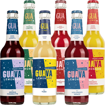 GUA LIMO 6er Mixed Box (1x Mango & Lime + 1x Sour Cherry & Rose + 1x Ginger & Turmeric + 1x Elderberry & Mint + 1x Yuzu + 1x Lemongrass)