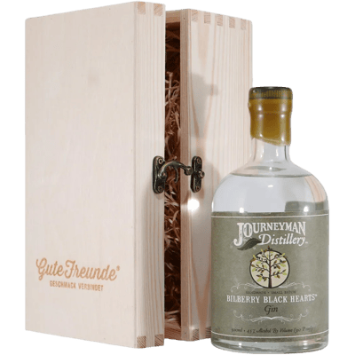 Journeyman Bilberry Black Hearts Gin with wooden gift box