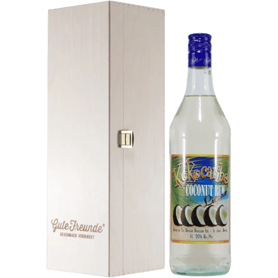 Kokacaribe coconut rum liqueur with wooden gift box