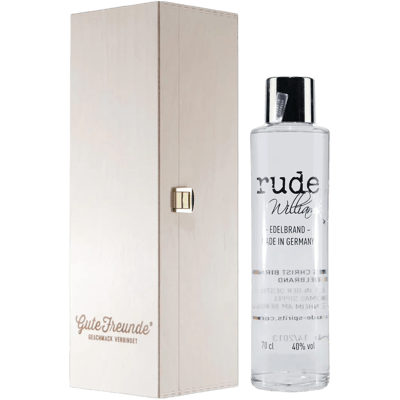 rude Williams Edelbrand fruit brandy with wooden gift box