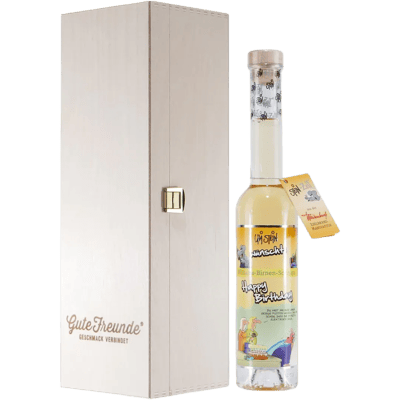 Stein-Zeit Happy Birthday pear schnapps with wooden gift box