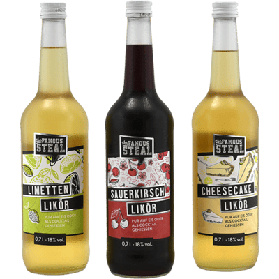The Famous Steal 3 liqueur package (1x lime liqueur + 1x cheesecake liqueur + 1x sour cherry liqueur)
