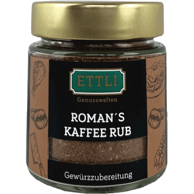 Roman's coffee rub spice preparation in a screw-top jar