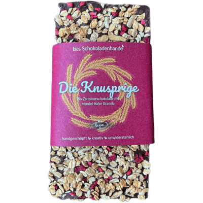 "Die Knusprige" - Vegane Bio-Zartbitterschokolade mit Mandel-Hafer Granola und Himbeeren