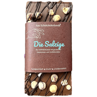 "Die Salzige" - Bio-Vollmilch Schokolade mit gesalzenen Haselnüssen und Zartbitterdekor