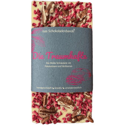 "Die Traumhafte" - Weiße Bio-Schokolade mit Pekannüssen und Himbeeren