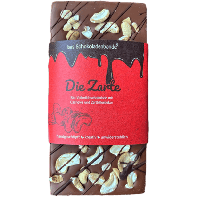 "Die Zarte" - Bio-Vollmilch Schokolade mit Cashews und Zartbitterdekor