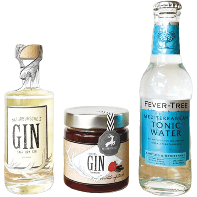 Naturbursche BeGINner Box with jelly (1x Saar Dry Gin + 1x Fever Tree Mediterranean Tonic Water + 1x gin fruit spread)