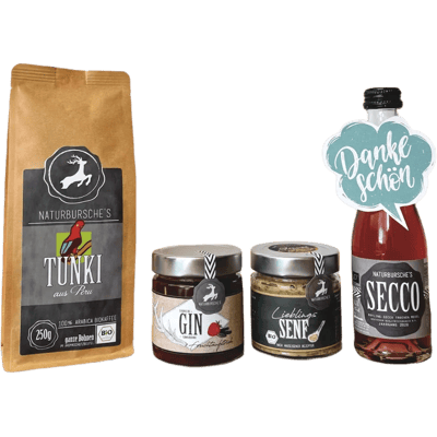 Naturbursche Gourmet Box "Ein kleines Dankeschön" (1x Rotling Secco + 1x Lieblingssenf + 1x  Gin Aufstrich + 1x Tunki Kaffee)