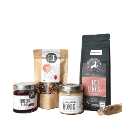 Naturbursche gourmet box breakfast time (1x fruit spread + 1x honey + 1x tea + 1x coffee + 1x rock candy sticks)