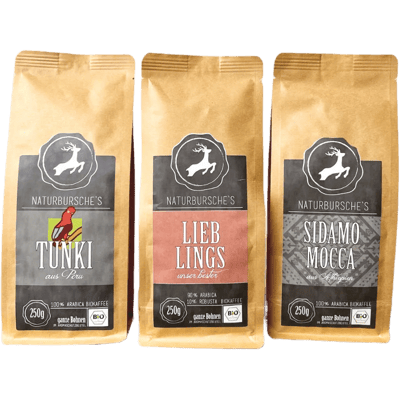 Naturbursche Kaffee Junky Box (1x Sidamo Mocca + 1x Tunki + 1x Lieblingskaffee)