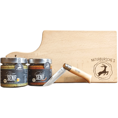 Naturbursche Männer Box Deluxe (2x Biosenf + 1x Espresso + 1x Aufstrich + 1x Brotzeitbett + 1x Brotzeitmesser)