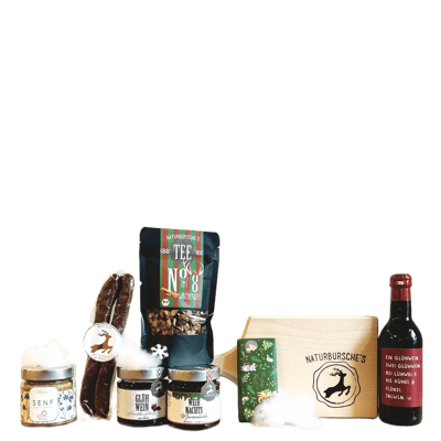 Naturbursche Saar Xmas Box (2x Fruchtaufstrich + 1x Senf+ 1x Tee + 1x Wurst + 1x Glühwein + 1x Schokolade + 1x Brotzeitbrett)