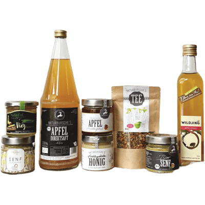 Naturbursche Saarland Box (2x fruit spread + 2x mustard + 1x honey + 1x tea + 1x vinegar + 1x apple juice + 1x rock candy)
