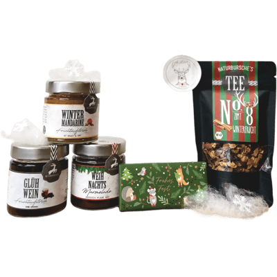Naturbursche Gourmetbox "Süße Nacht, Heilige Nacht" (3x Fruchtaufstrich + 1x Tee + 1x Schokolade)